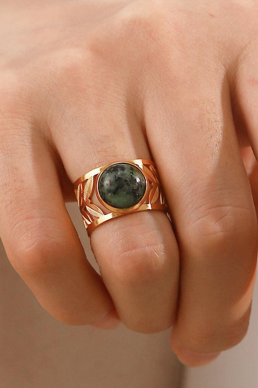 18k Gold Plated Malachite Leaf Ring - Trendsi