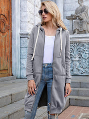 Full Size Zip-Up Longline Hoodie with Pockets - Trendsi