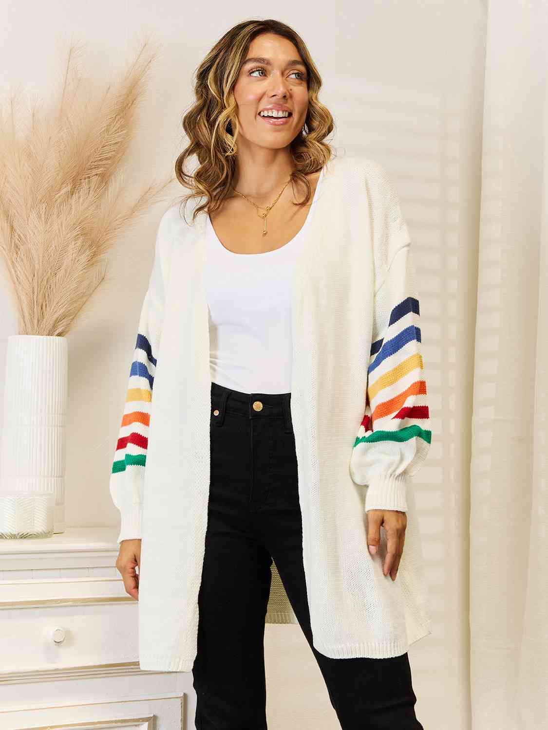 Striped Open Front Dropped Shoulder Cardigan - Flyclothing LLC