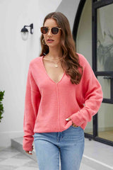 V-Neck Drop Shoulder Long Sleeve Knit Top - Flyclothing LLC