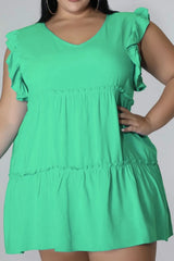 Plus Size V-Neck Frill Trim Mini Dress - Flyclothing LLC