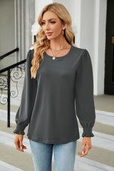 Round Neck Smocked Flounce Sleeve Blouse - Flyclothing LLC