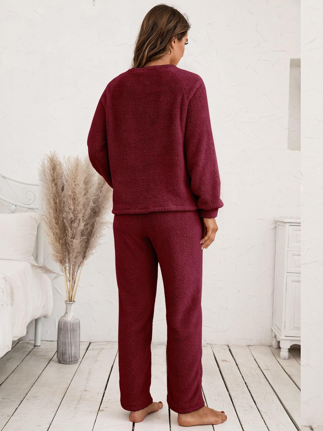 Teddy Long Sleeve Top and Pants Lounge Set - Flyclothing LLC