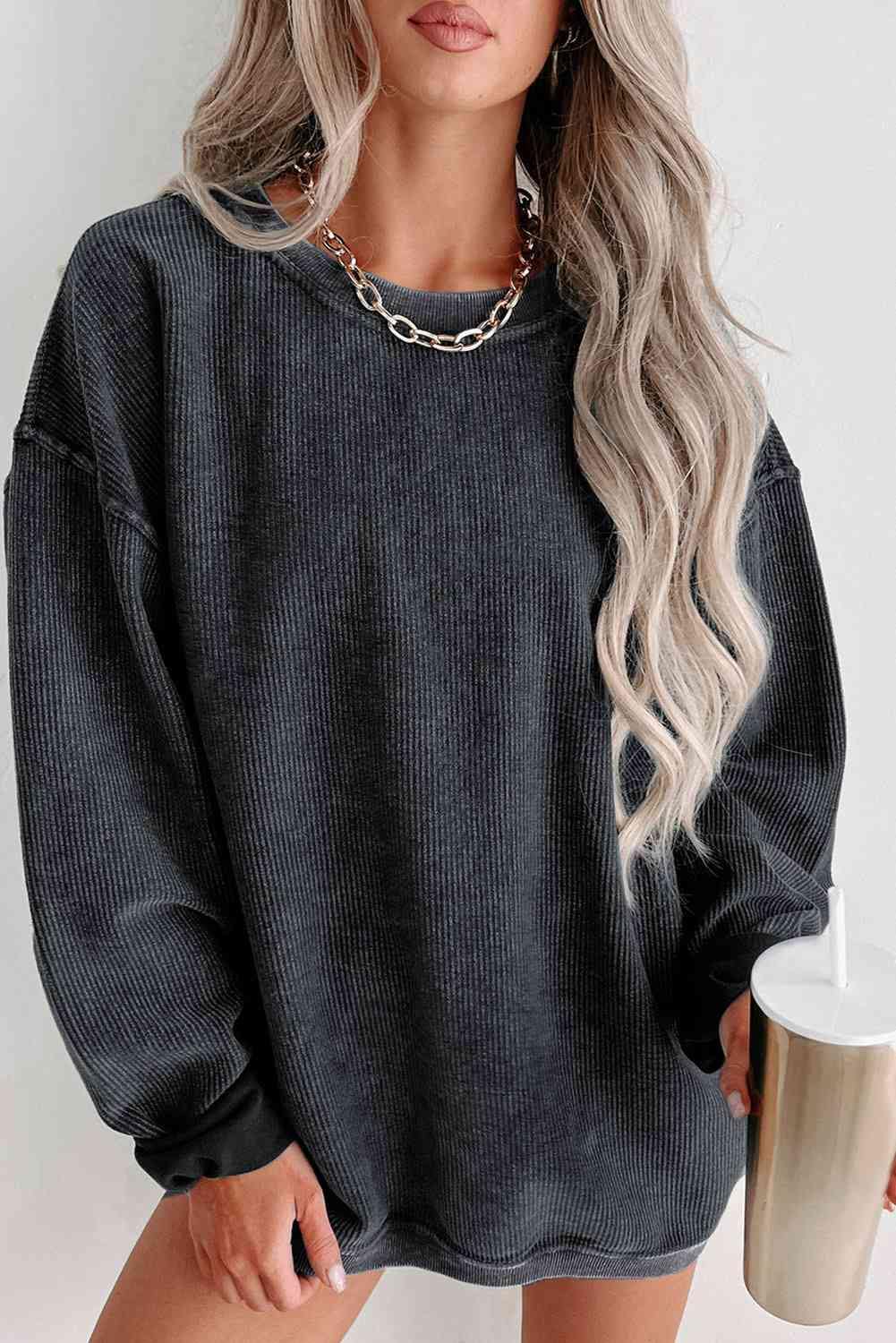 Round Neck Dropped Shoulder Sweatshirt - Trendsi