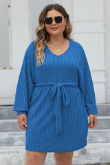 Plus Size Ribbed Tie Front Long Sleeve Sweater Dress - Flyclothing LLC