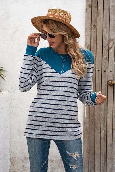 Striped Round Neck Long Sleeve T-Shirt - Flyclothing LLC