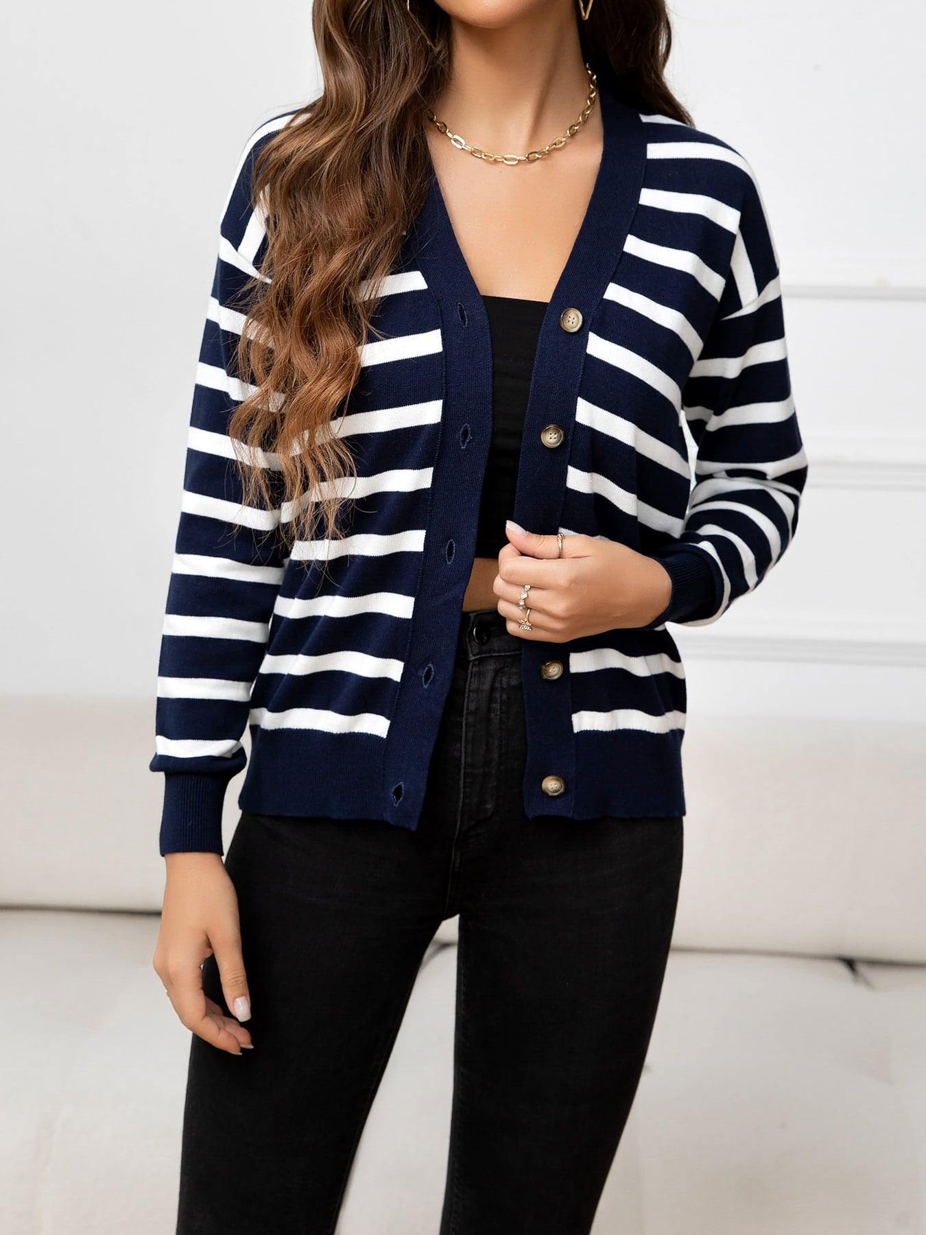 Striped Dropped Shoulder V-Neck Knit Top - Flyclothing LLC