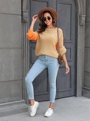 Contrast Round Neck Dropped Shoulder Sweater - Trendsi