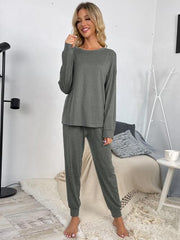 Round Neck Top and Drawstring Pants Lounge Set - Flyclothing LLC