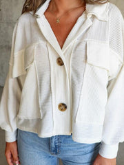 Ribbed Collared Neck Button Up Jacket - Flyclothing LLC