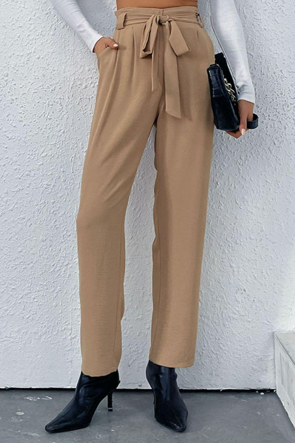 Belted Straight Leg Pants with Pockets - Flyclothing LLC