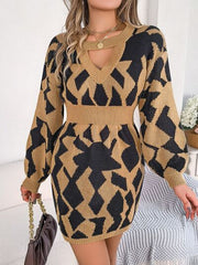 Contrast Round Neck Cutout Long Sleeve Mini Sweater Dress - Flyclothing LLC