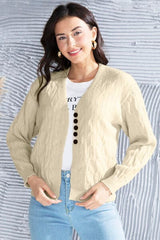 Cable-Knit Button Up Dropped Shoulder Cardigan - Trendsi