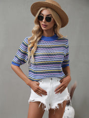 Striped Openwork Half Sleeve Knit Top - Flyclothing LLC