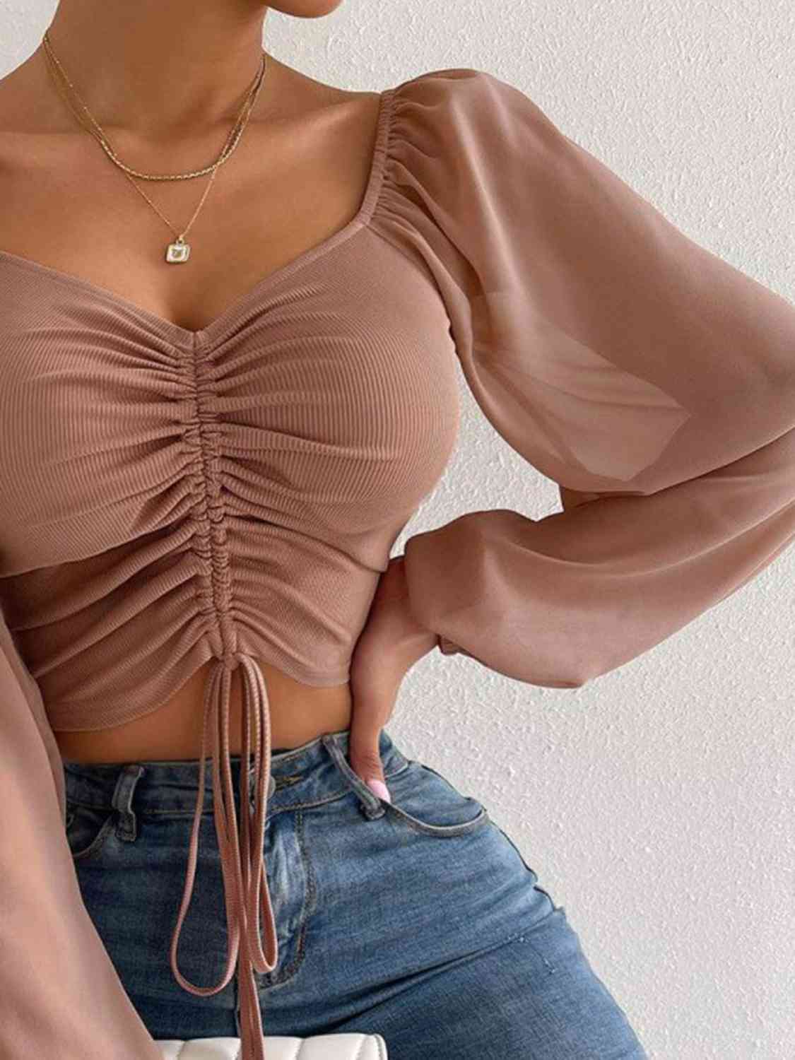 Drawstring Sweetheart Neck Cropped Top - Trendsi