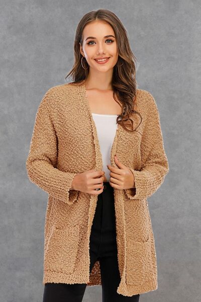 Pocketed Open Front Long Sleeve Cardigan - Flyclothing LLC