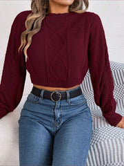 Cable-Knit Round Neck Cropped Sweater - Flyclothing LLC