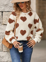 Fuzzy Heart Dropped Shoulder Sweatshirt - Flyclothing LLC