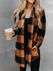 Plaid Snap Down Long Sleeve Jacket - Flyclothing LLC