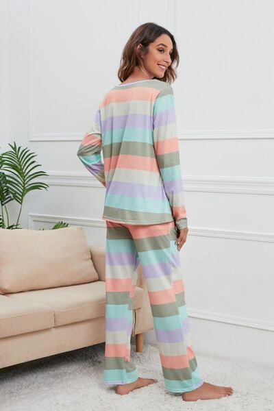 Striped Round Neck Long Sleeve Top and Drawstring Pants Lounge Set - Flyclothing LLC