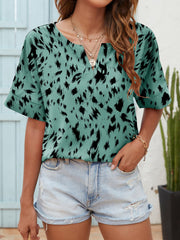 Printed Notched Neck Half Sleeve Blouse - Flyclothing LLC