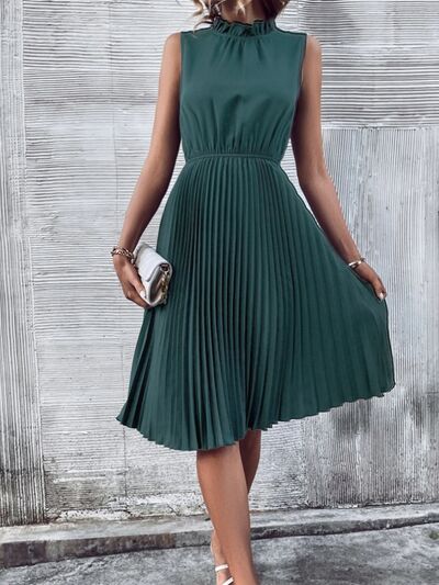 Pleated Frill Mock Neck Sleeveless Dress - Flyclothing LLC