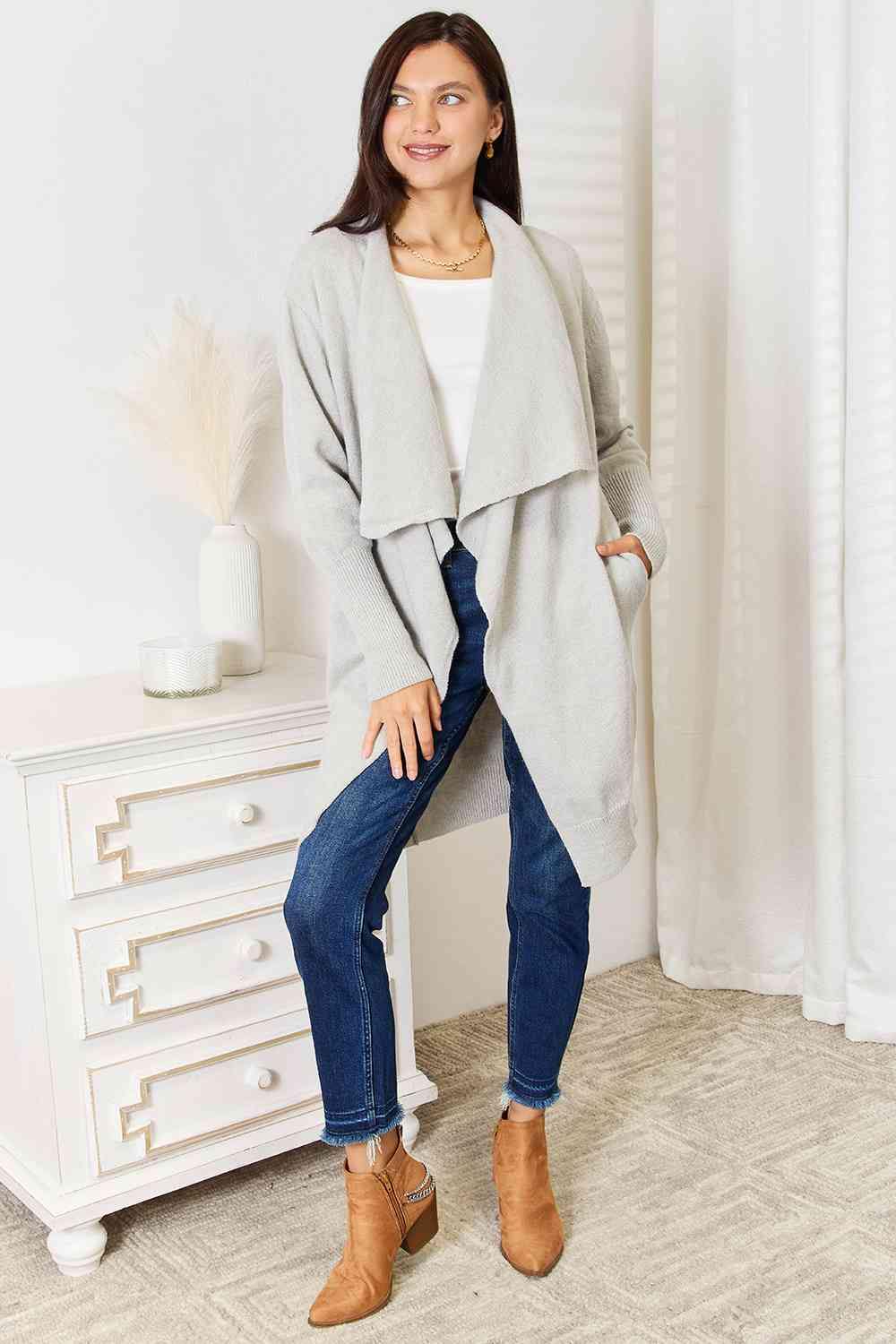 Double Take Open Front Duster Cardigan with Pockets - Flyclothing LLC