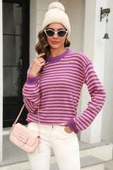 Striped Round Neck Dropped Shoulder Sweater - Flyclothing LLC