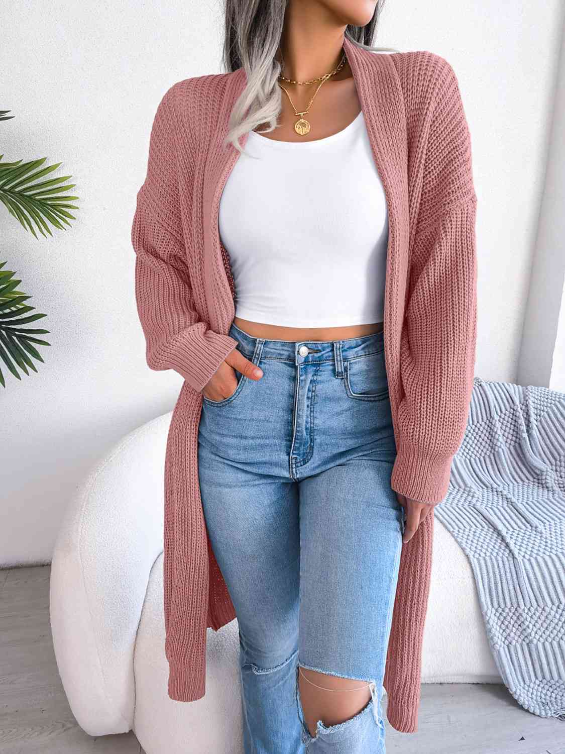 Open Front Dropped Shoulder Longline Cardigan - Flyclothing LLC