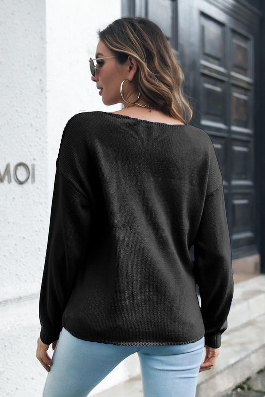 Cable-Knit V-Neck Sweater - Trendsi