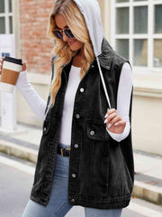 Drawstring Hooded Sleeveless Denim Jacket - Flyclothing LLC