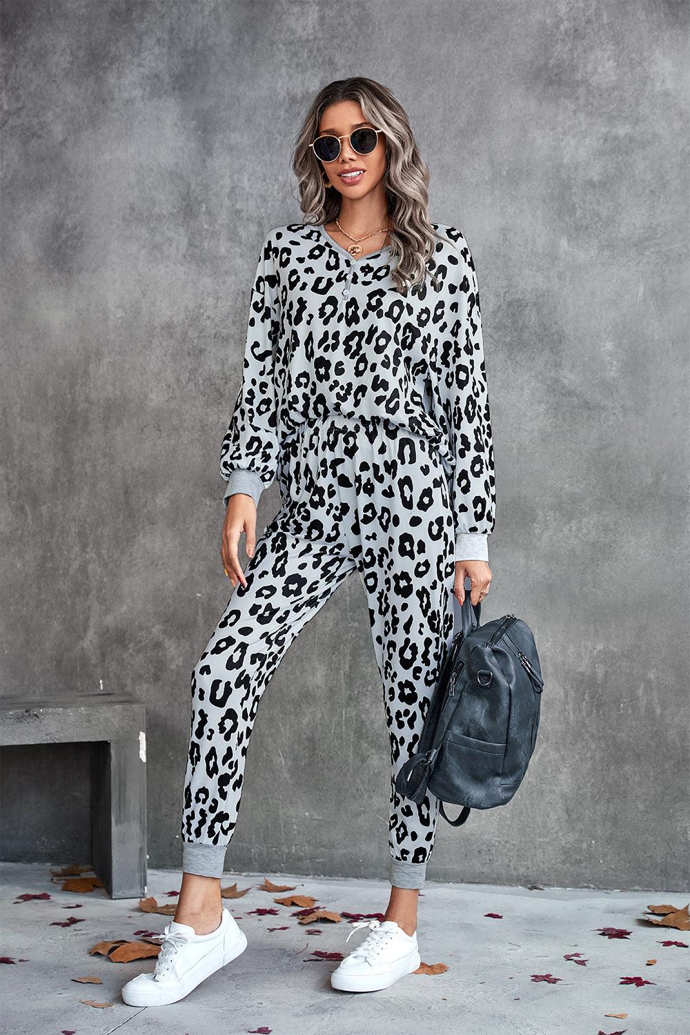 Leopard V-Neck Dropped Shoulder Loungewear Set - Trendsi