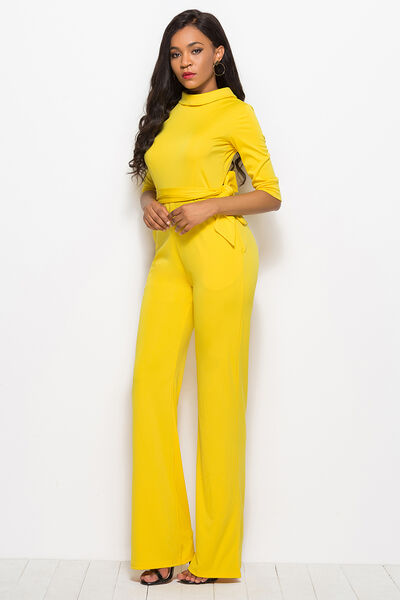 Mock Neck Tie-Waist Half Sleeve Jumpsuit - Flyclothing LLC