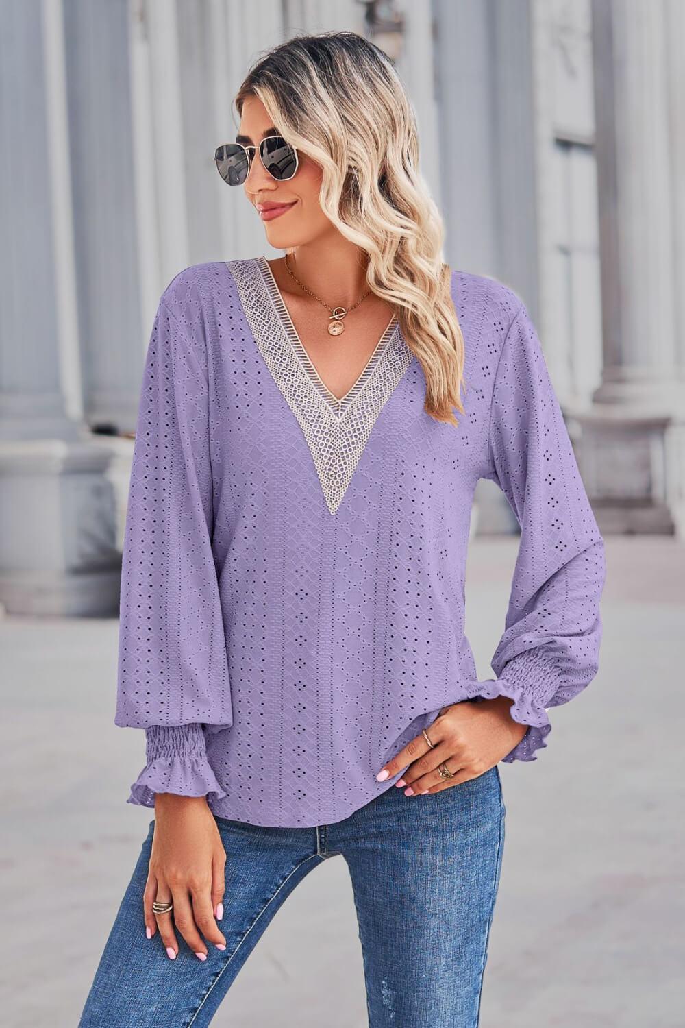 Contrast V-Neck Flounce Sleeve Top - Trendsi