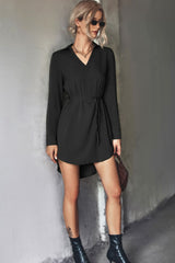 Belted Johnny Collar High-Low Shirt Dress - Flyclothing LLC