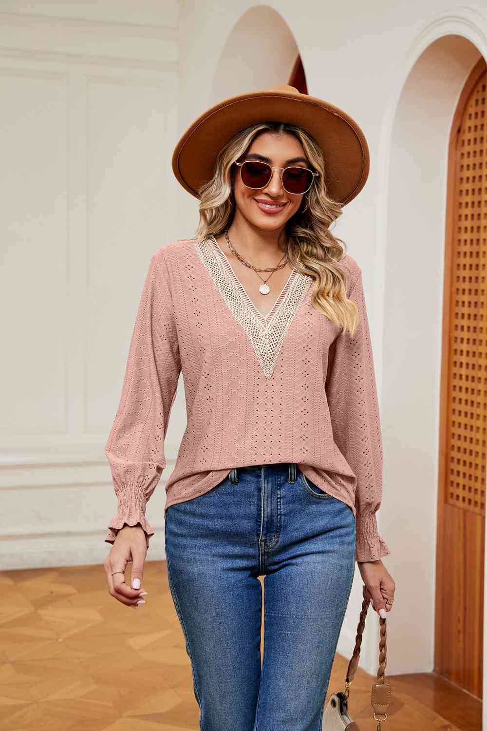 Contrast Flounce Sleeve Blouse - Flyclothing LLC