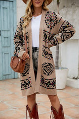 Pocketed Geometric Open Front Dropped Shoulder Cardigan - Flyclothing LLC