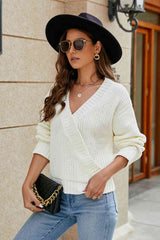 Openwork Surplice Long Sleeve Sweater - Flyclothing LLC