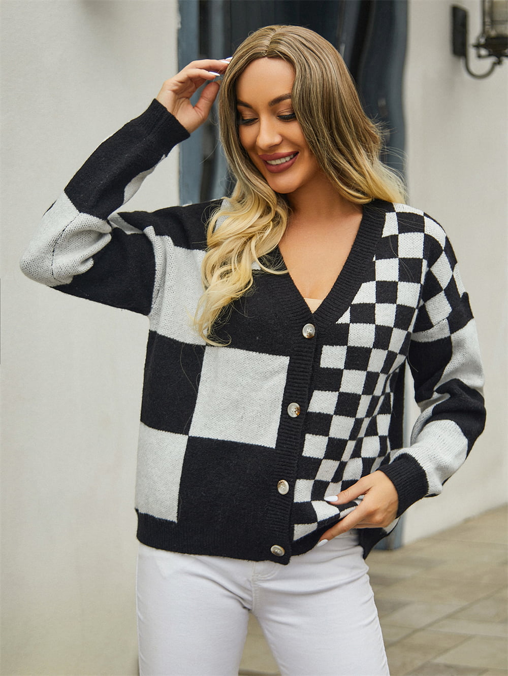 Plaid V-Neck Dropped Shoulder Cardigan - Flyclothing LLC