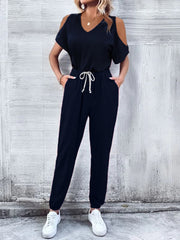 V-Neck Cold-Shoulder Jumpsuit with Pockets - Flyclothing LLC