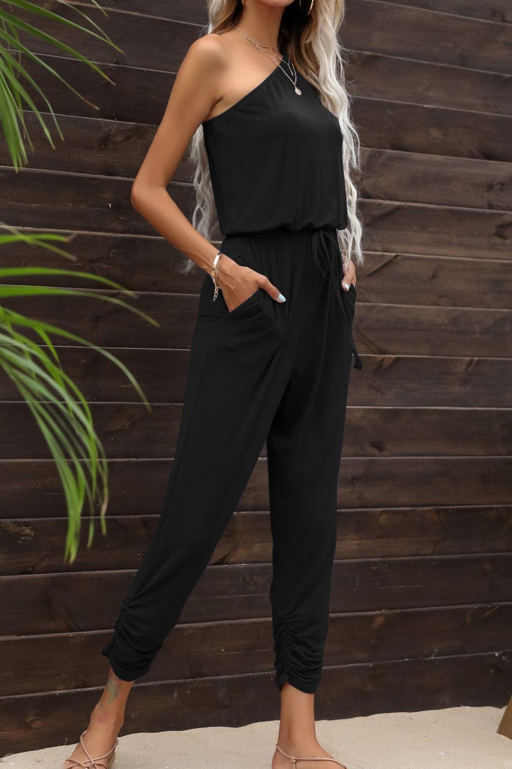 Drawstring Waist One-Shoulder Jumpsuit with Pockets - Flyclothing LLC