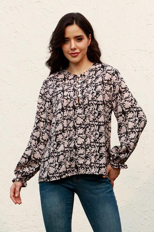 Floral Flounce Sleeve Round Neck Blouse - Flyclothing LLC