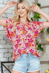 Floral Tie Neck Flutter Sleeve Blouse - Flyclothing LLC