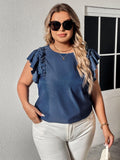 Plus Size Round Neck Flounce Sleeve Frill Trim Blouse - Flyclothing LLC