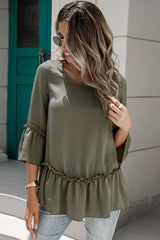 Frill Trim Round Neck Blouse - Flyclothing LLC