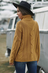 Cable-Knit Turtleneck Dropped Shoulder Sweater - Trendsi