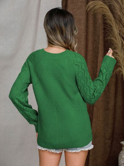 Openwork Round Neck Raglan Sleeve Sweater - Flyclothing LLC