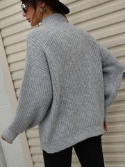 High Neck Balloon Sleeve Rib-Knit Pullover Sweater - Flyclothing LLC