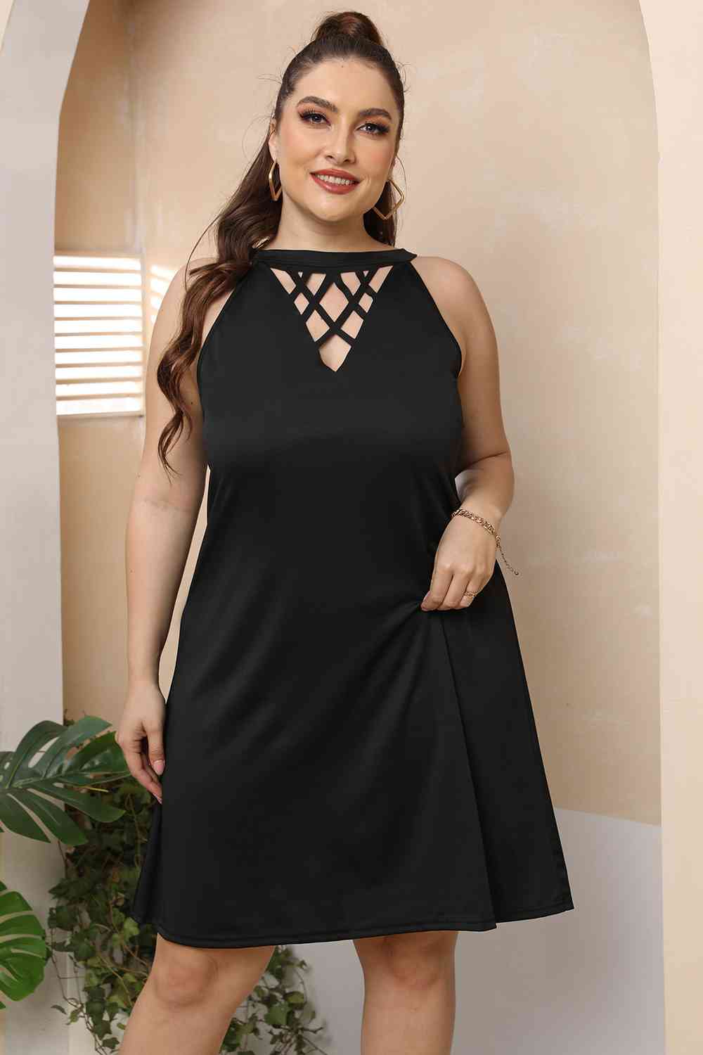 Plus Size Cutout Round Neck Sleeveless Dress - Flyclothing LLC