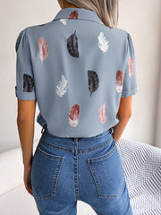 Feather Print Lapel Collar Puff Sleeve Shirt - Flyclothing LLC